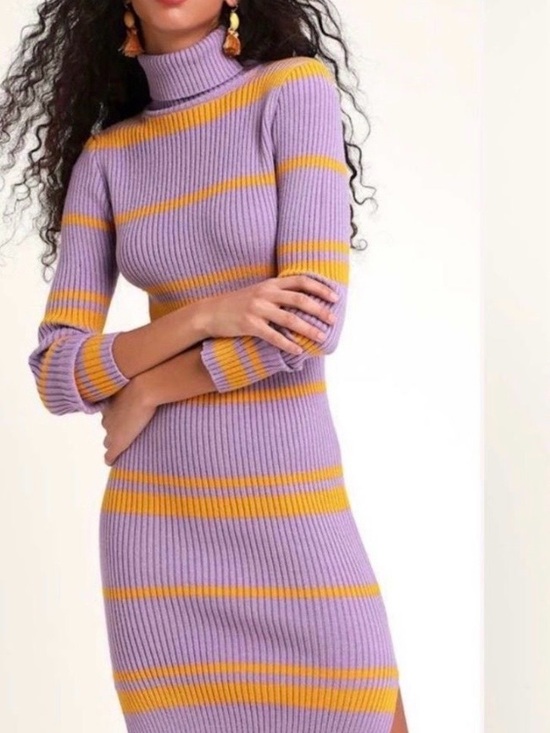Moon River Dresses & Skirts - Moon River Purple & Yellow Striped Ribbed Turtleneck Sweater Dress